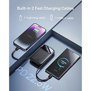 Baseus Portable Power Bank w/ Built-in Retractable USB-C & Lightning Cables, 10000mAh PD 22.5W (Black or White) $18 + Free Shipping w/ Prime or $35+ orders