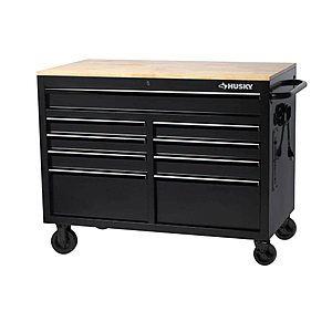Husky 46 in. W x 24.5 in. D Standard Duty 9-Drawer Mobile Workbench Tool Chest with Solid Wood Top in All Black Gloss H46MWC9BOV2 - $379