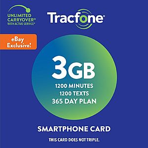 Tracfone Prepaid Smartphone Plan, 1 year w/ 1200 Min, 1200 Txt & 3GB Data $45