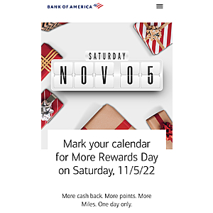 Bank of America Cards - More Rewards day on Saturday, 11/5/22
