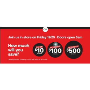 JCPenney Black Friday coupon giveaway ($10 off $10 minimum, $100 off $100, $500 off $500) in-store B&M doors open at 5 AM on 11/25/2022