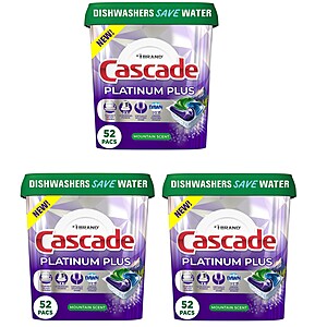 52-Count Cascade Platinum Plus ActionPacs Dishwasher Detergent Pods (Mountain) 3 for $43.97 ($14.65 each) w/ S&S + Free Shipping
