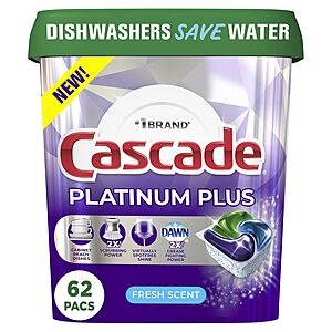 62-Count Cascade Platinum Plus ActionPacs Dishwasher Detergent Pods (Fresh) $13.59 w/ S&S + Free Shipping w/ Prime or on $35+