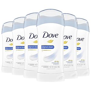 6-Pack 2.6-Oz Dove Women's Antiperspirant Deodorant (Original Clean) $15.50 ($2.58 Each) & More w/ S&S + Free Shipping w/ Prime or on $35+