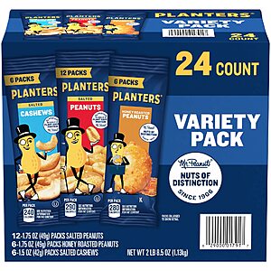 24-Pack (40.5-Oz) PLANTERS Peanuts & Cashews Variety Pack $10.69 + Free Shipping w/ Prime or on $35+