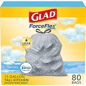 80-Count Glad ForceFlex Tall Kitchen Drawstring Trash Bags (Febreze) $13.90 +$2.60 Promotional Credit w/ S&S + Free Shipping w/ Prime or $35+