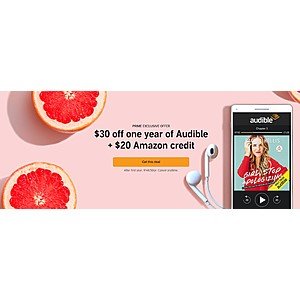 Prime exclusive: $30 off 1 yr of Audible + $20 Amazon credit + 12 audiobooks upfront (new customers) $119.5