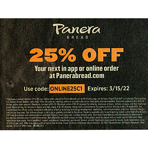 Panera 25% off (app or online order) [max discount $5]