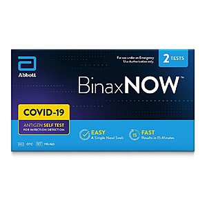 2-Count BinaxNOW COVID‐19 Antigen Self Test $15.11 Amazon