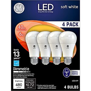 4-pack of 6w (40w equivalent) GE LED Dimmable Light Bulbs $3 at Amazon