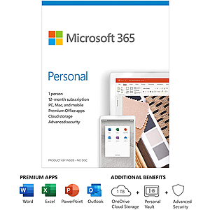 Microsoft Office 365 Personal (PC/Mac), 1-Year, 1-User $36 + free s/h