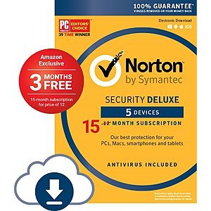 Norton Security Deluxe: 5 Devices/15 Month Subscription (Digital Download) - $14.99